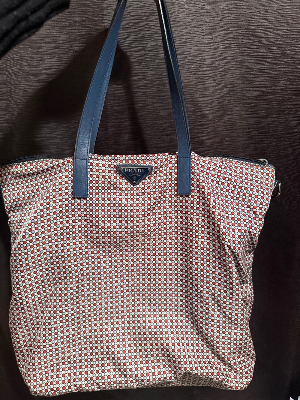 Prada Navy Leather-Trim Red Dot Print Tote